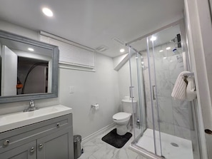 A modern bathroom with a glass-enclosed shower, a white sink, and a large mirror.