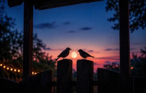 Two birds perched on wooden posts with a sunset and moon in the background.