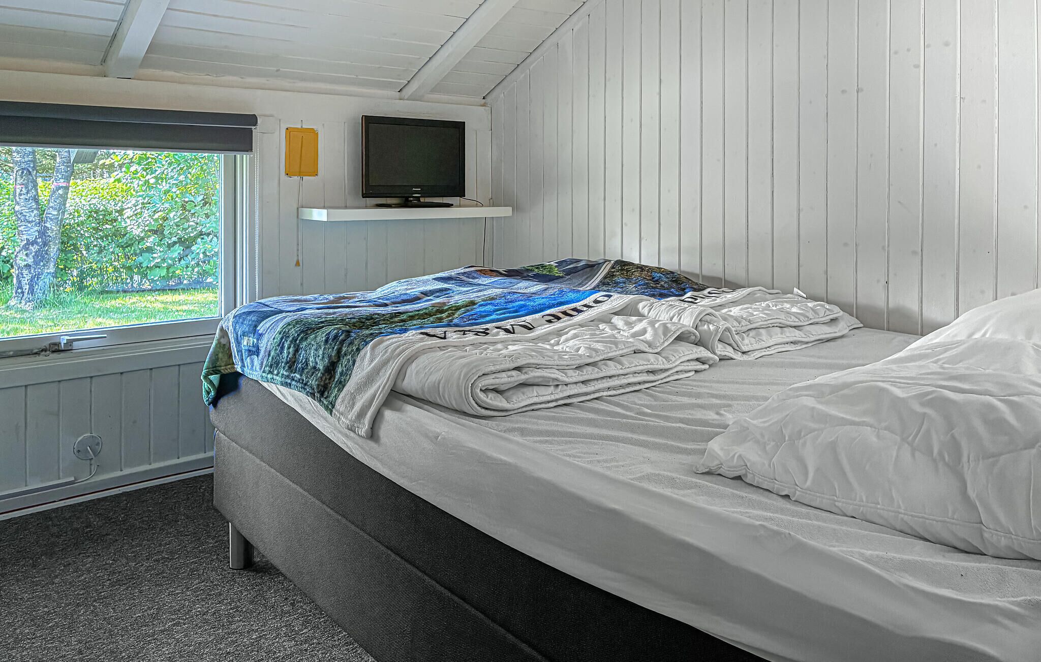A single bed with a blue and white blanket, a television on a shelf above, and a window with a view of greenery.