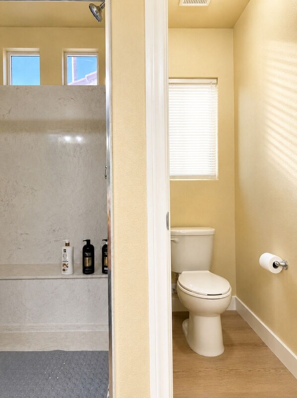 Hair dryer, towels, soap, toilet paper