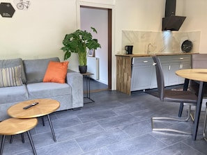Ein modernes Wohnzimmer mit grauem Sofa, Couchtisch, Esstisch mit Stühlen, Topfpflanze und Küchenzeile mit Herd und Schränken.