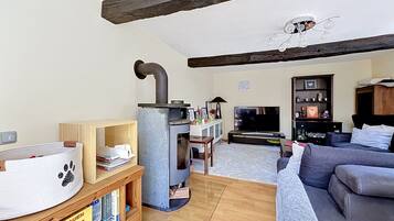 A living room with a fireplace, a sofa, a television, and a bookshelf.