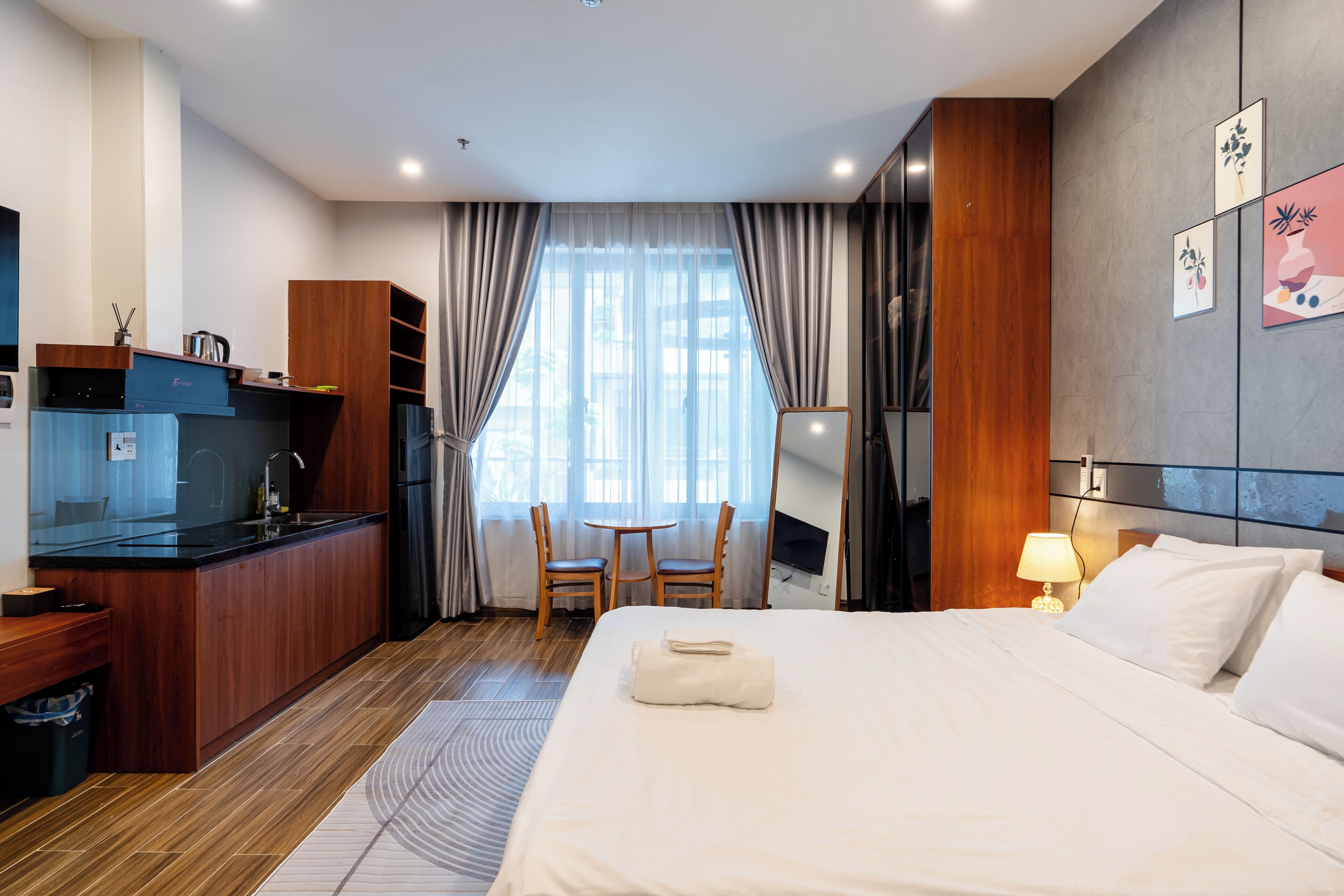 Premium bedding, down duvets, memory-foam beds, desk
