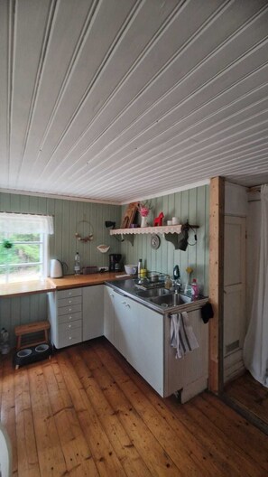 Une cuisine de taille réduite, dotée d’un plan de travail en bois, d’un évier et d’une fenêtre offrant une belle vue.