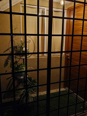 Blick durch ein Fenster mit einem Metallgitter, einer Holztür und einem kleinen Garten mit Pflanzen.