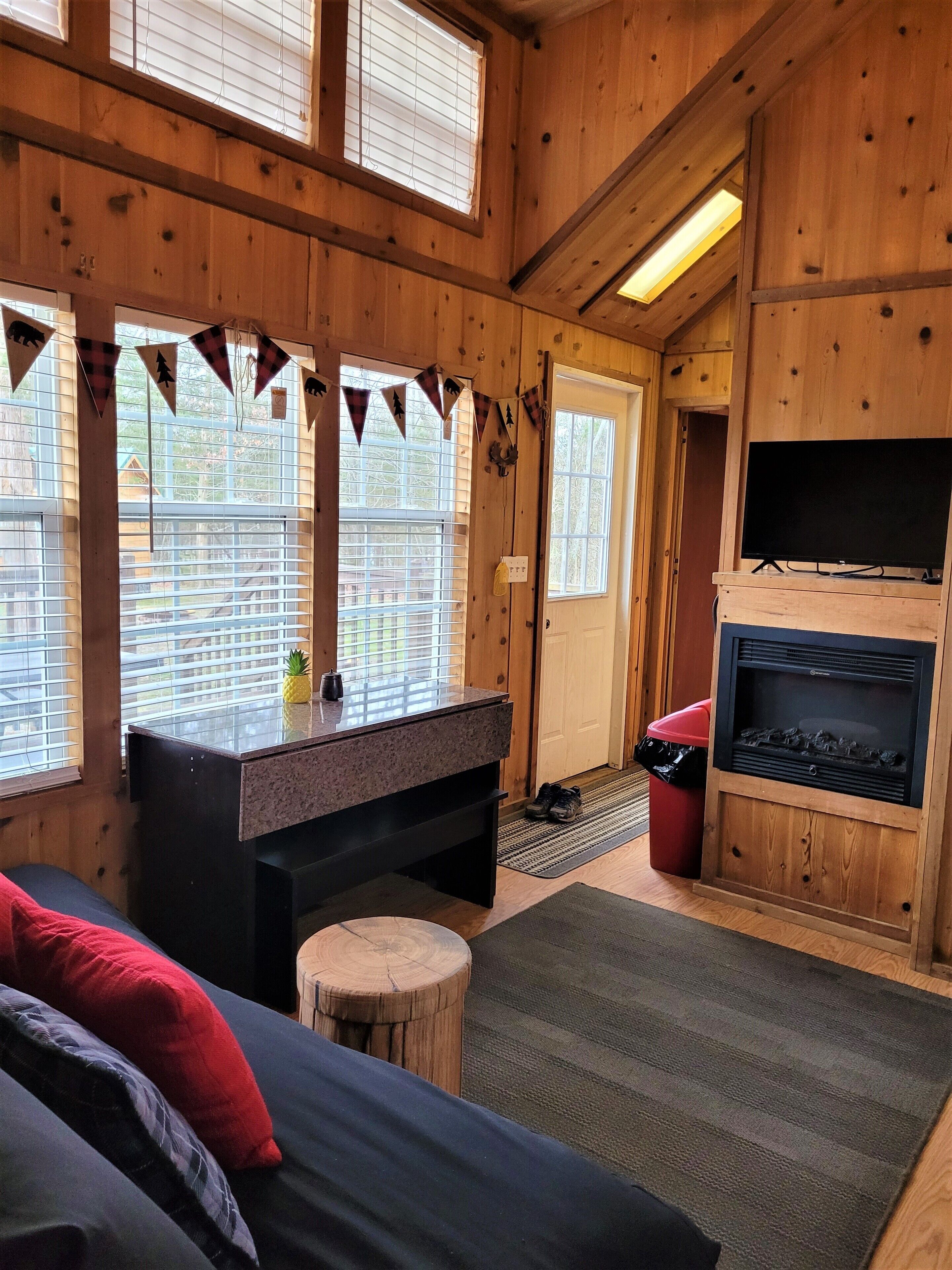 Ein gemütliches Cabin-Interieur mit Kamin, Fernseher und einem Bett mit roten Kissen.