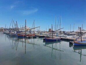 A marina with multiple boats docked, calm water, and buildings in the background. - Port Saint Ange by Interhome (Le Barcarès)