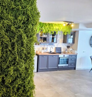 A modern kitchen with dark cabinets, a central island, and a large green plant. - INsight - oldtown - workaction - Audi (Ingolstadt)
