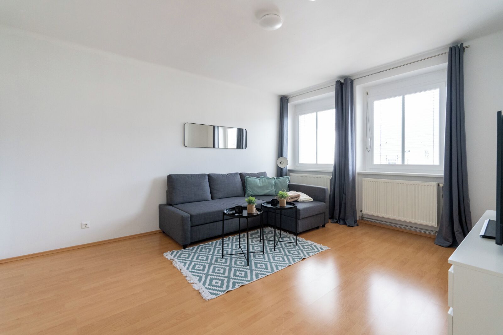 A modern living room with a grey sofa, a small side table with a plant, a patterned rug, and a large window with curtains.