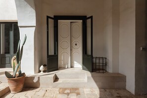 Un ingresso luminoso con una porta bianca, una pianta in vaso e un espositore metallico.