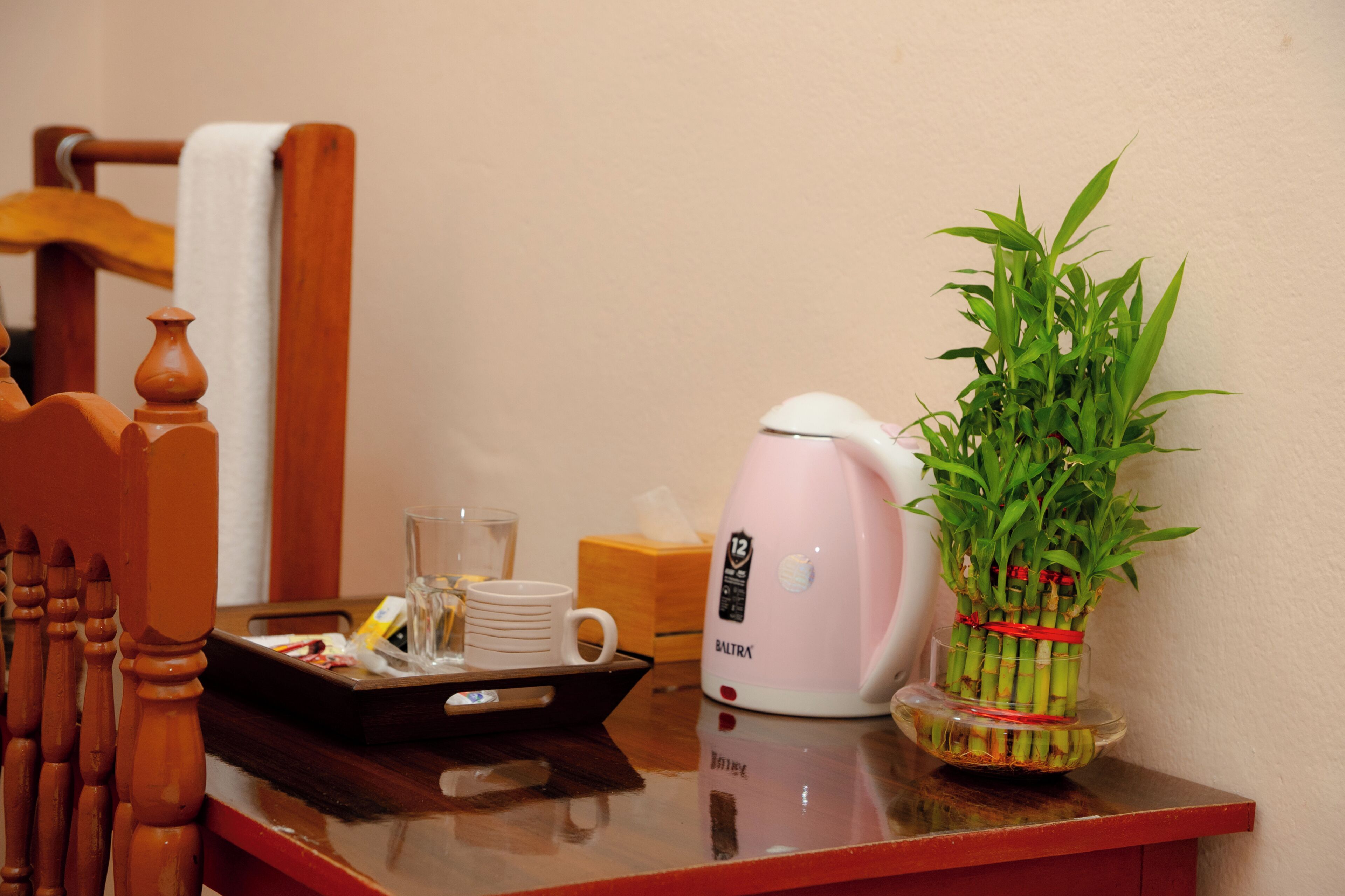 A wooden chair, a tray with a mug and a glass, a pink electric kettle, and a bamboo plant in a glass container.