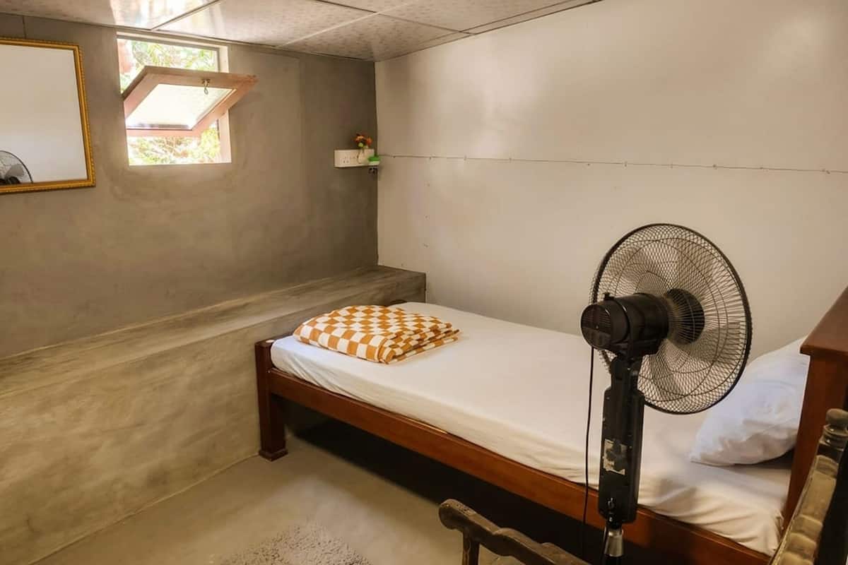 A single bed with a checkered pillow, a standing fan, a window with a view, and a mirror on the wall.