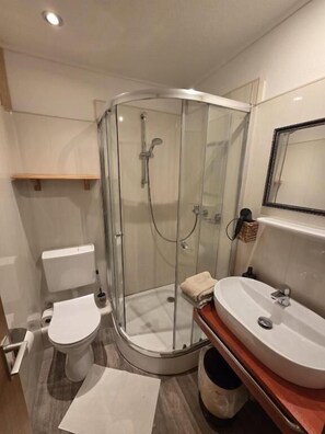 A bathroom with a glass-enclosed shower, a toilet, a sink, and a mirror. - Waldlandhaus (Goslar)