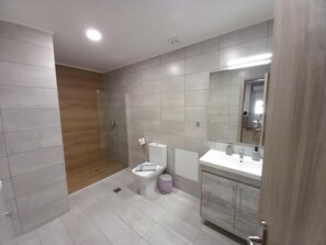 A modern bathroom with a shower, toilet, sink, and mirror.