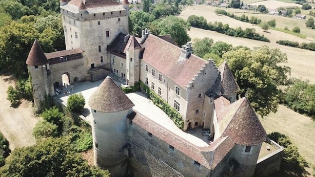 Eine Burg mit mehreren Türmen und einem Innenhof, umgeben von Grünflächen und Feldern.