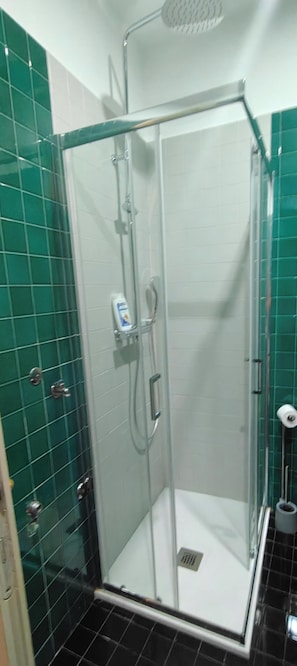 Une cabine de douche fermĂ©e par des parois en verre, Ă©quipĂ©e dâun pommeau de douche Ă main, dâun distributeur de savon et dâun porte-rouleau de papier toilette.