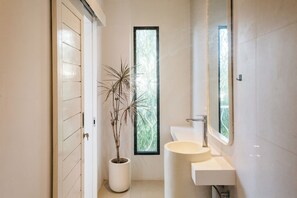 Un baño con planta en maceta, ventana y lavamanos.