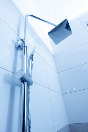Eine Dusche mit Handbrause und fest installierter Duschköpfe in einem gefliesten Badezimmer.