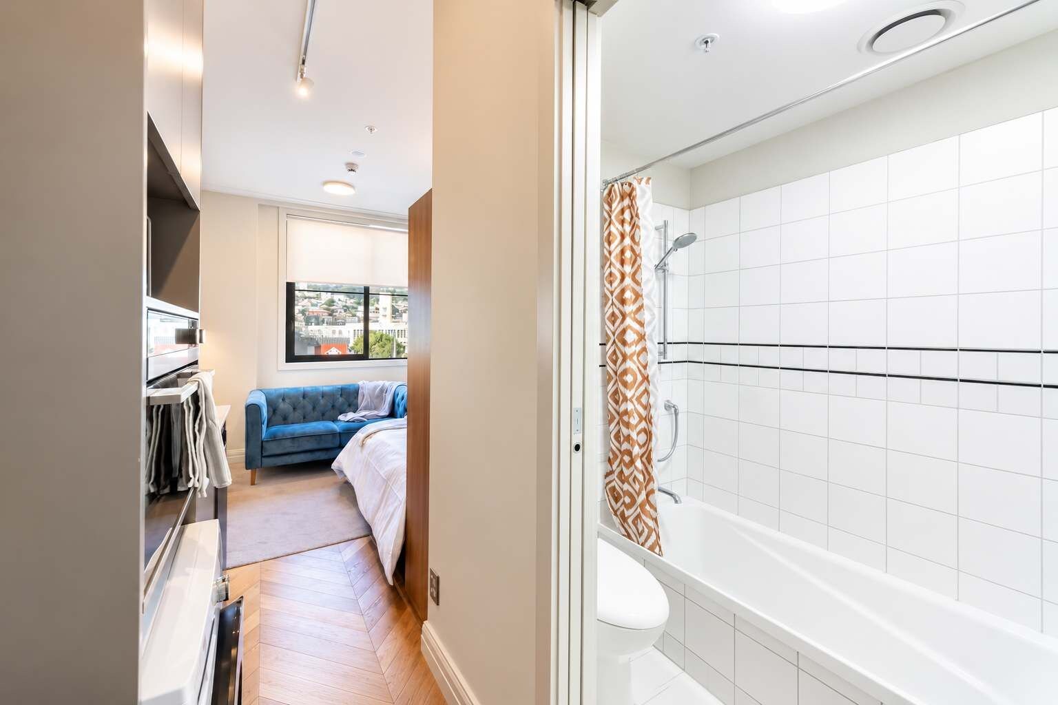 Shower, hair dryer, towels, shampoo
