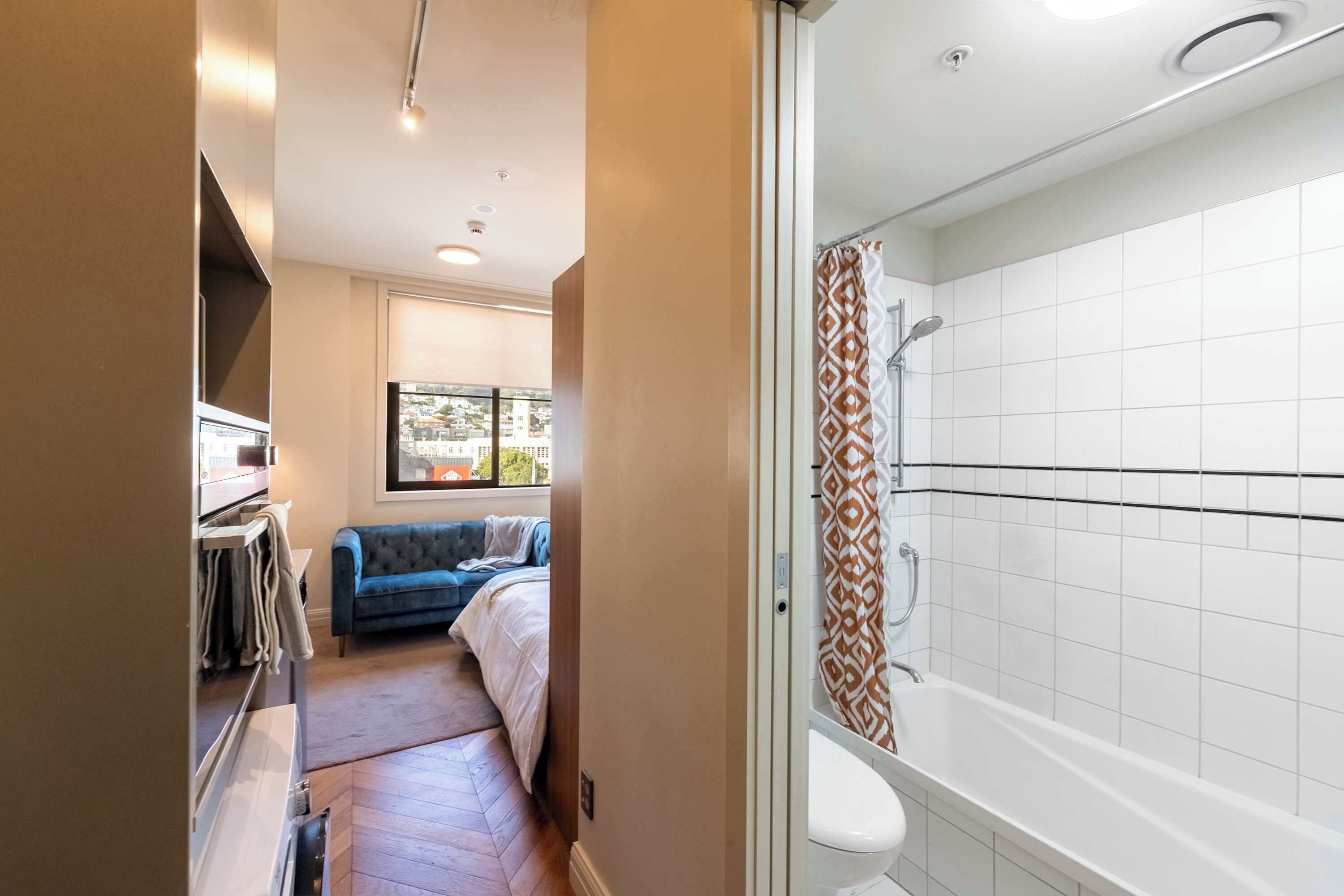 Shower, hair dryer, towels, shampoo