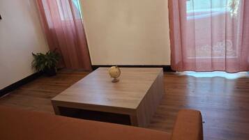 A room with a wooden coffee table, a potted plant, and a sofa.