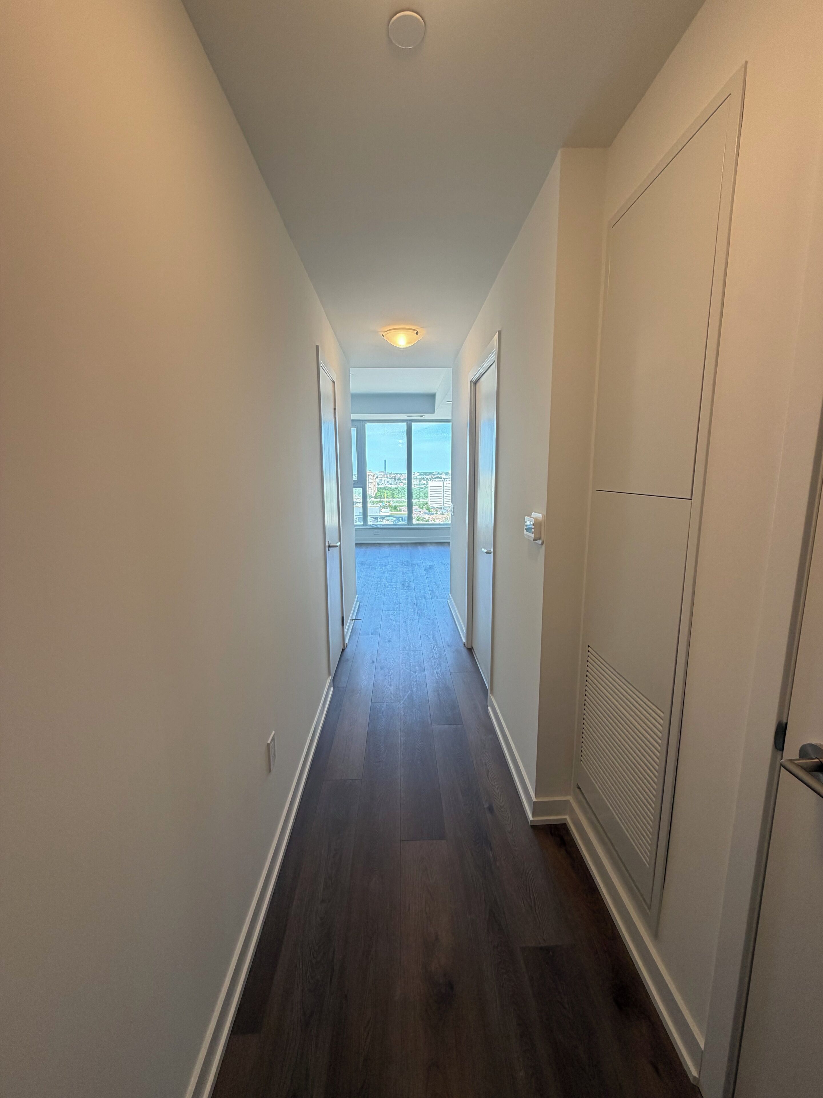 A hallway with a view to the outside, a ceiling light, and a door on the right.