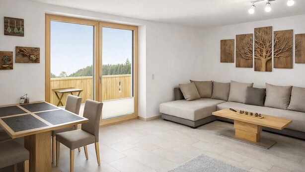 Uma sala de estar moderna com sofá, mesa de centro e área de jantar.
