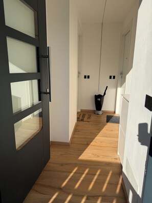 Ein modernes Interieur mit Holzboden, einer schwarzen Tür mit Glasfeldern und einer weißen Wand mit einem schwarzen Gegenstand.