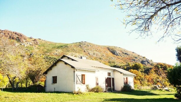 Une maison de plain-pied avec un toit en pente, un porche à l’avant et un petit jardin devant.
