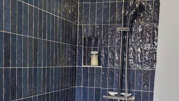 Shower, towels, soap, toilet paper