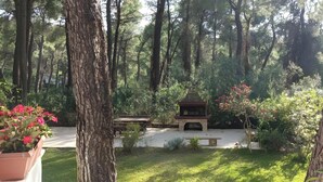 A forested outdoor area with a stone fireplace and a bench. - Villa Anty Holiday Home in Sani, Chalkidiki—Private Terrace & Pine Forest Views (Sane)
