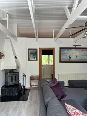 A modern living room with a fireplace, a sofa, a painting, and a view through a window.