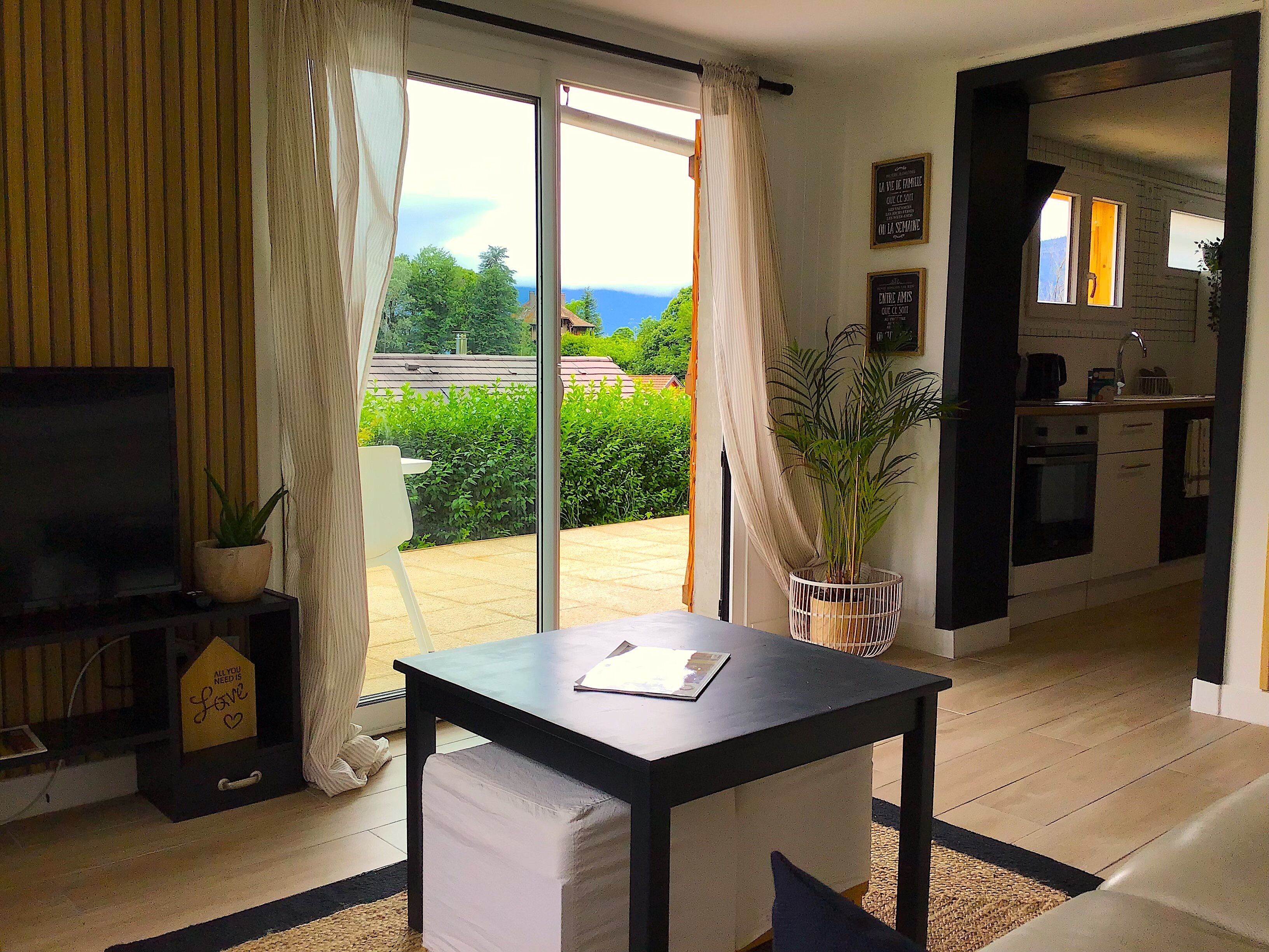 A living room with a TV, a table, a potted plant, and a view of the outdoors.