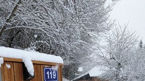 Ein Holzschild mit der Aufschrift 'VUELAC LODGES' und der Nummer '119' auf einem verschneiten Gelände.