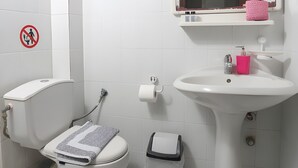 Un bany amb vàter, rentamig i mirall.