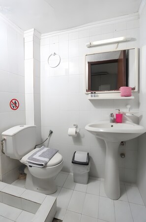 A bathroom with a toilet, sink, and mirror. - Studio 'For 2 with Sea View 1' with View, Wi-Fi and Air Conditioning (Pefkochori)
