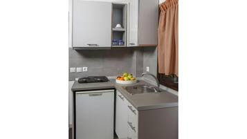 Fridge, stovetop, electric kettle, cookware/dishes/utensils