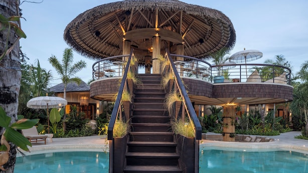 Un área de piscina con una escalera que lleva a una estructura de techo de paja, rodeada de plantas tropicales y palmeras.