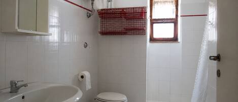 A bathroom with a sink, bidet, toilet, and shower.