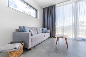 A modern living room with a grey sofa, a small wooden table, and a wicker basket. - Comfortable Holiday Home, Dziwnow (Dziwnów)