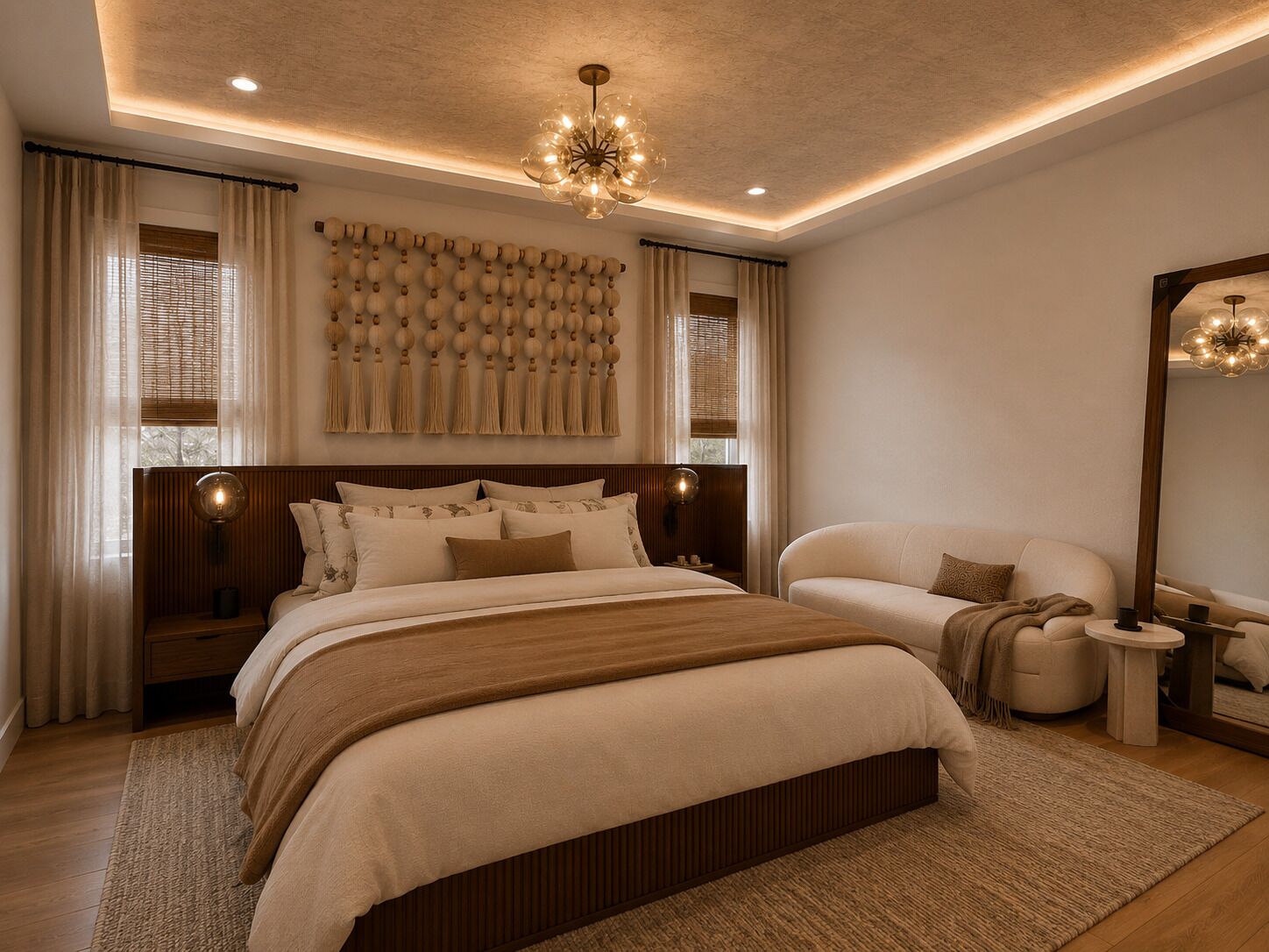 Une chambre à coucher avec un grand lit, un canapé, une table ronde et un luminaire suspendu.