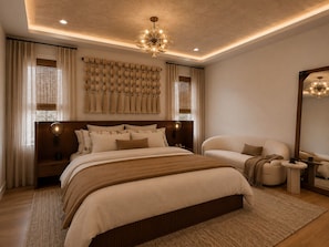 Ein Schlafzimmer mit einem großen Bett, einem Schlafsofa, einem runden Tisch und einer Pendelleuchte.
