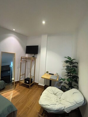 Una habitación con cama, escritorio, televisor, planta y armario.