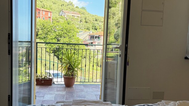 Une chambre avec un lit, un balcon agrémenté d’un pot de fleurs et une vue sur des immeubles et des arbres.