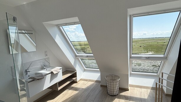 Camera da letto moderna mansardata con lucernari, un'ampia finestra, una ventola a soffitto e vista sulla campagna.
