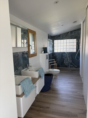 A modern bathroom with a large mirror, two sinks, a toilet, and a shower area. - Gîte La Carelle in Vains at the foot of the Bay of Mont Saint Michel (Vains)