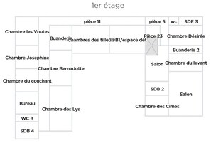 A hotel layout with labeled rooms including 'Chambre des Lys,' 'Chambre Josephine,' and 'Chambre Bernadotte.' - Private castle for up to 20 people – Domaine Désirée (Méreuil)