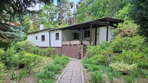 Une maison dotée d’un porche abrité, entourée d’un jardin où poussent différentes espèces de plantes, et un chemin de gravier menant à l’entrée.