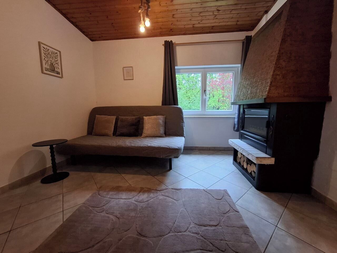 A living room with a sofa, a fireplace, a window, and a rug.