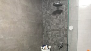 A shower area with a glass door, a white sink with toiletries, and a grey tiled wall. - ROSE VALLEY (Ljubljana)